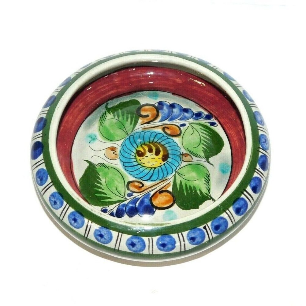 Traditional Mexico Pottery 6" Round Floral Trinket Bowl Hand Painted mexican